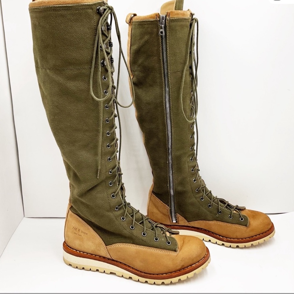 Rag & Bone Olive Canvas and Tan Leather Suede Combat Boots with Zipper and Laces